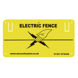A plastic sign to hang on electric fences to alert the public to the fence around the field being live