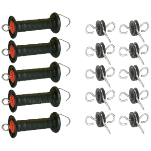 A great value bargain pack of 5 chunky electric gate handles & 10 gate handle insulators