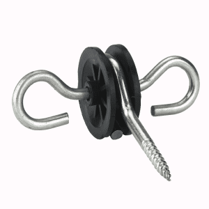 A gate handle insulator to screw into a wooden post so an electric fence handle can clip into