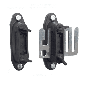 Insulators which bolt onto steel posts to make an tape electric fencing gate