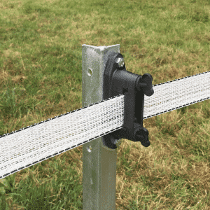 Steel corner posts with tape insulator for electric fences