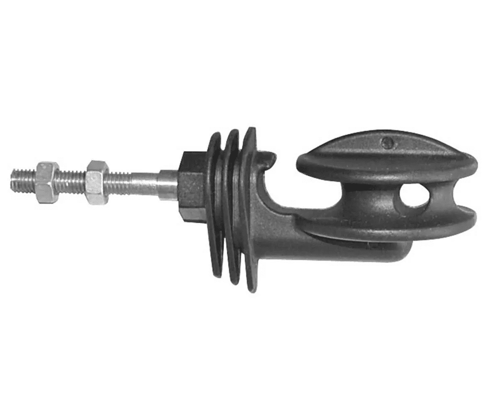 Corner insulator for electric fence rope, twine & wire with an M6 bolt for steel fenceposts