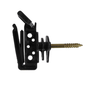 An electric fencing insulator that screws into a wooden fence post and can hold both 20mm & 40mm tape