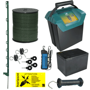 Electric fencing kit with the Fenceman B430 9v energiser with hi/Lo setting. Kit comes with posts, tape, battery and insulators