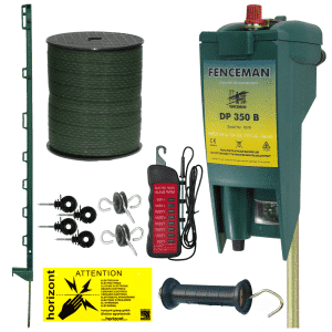 Electric fencing kits with green posts nad tape used for strip grazing horse fields. Can be run from Dcell 6v or a 12v battery