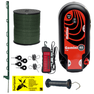 Electric fencing kit for horses comes with a choice of Hotline Gemini energisers, green 20mm tape and green polyposts. All energisers have a 5yr warranty