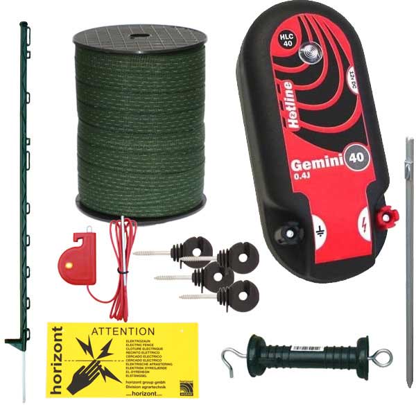 Electric fencing kit for horses comes with a choice of Hotline Gemini energisers, green 20mm tape and green polyposts. All energisers have a 5yr warranty