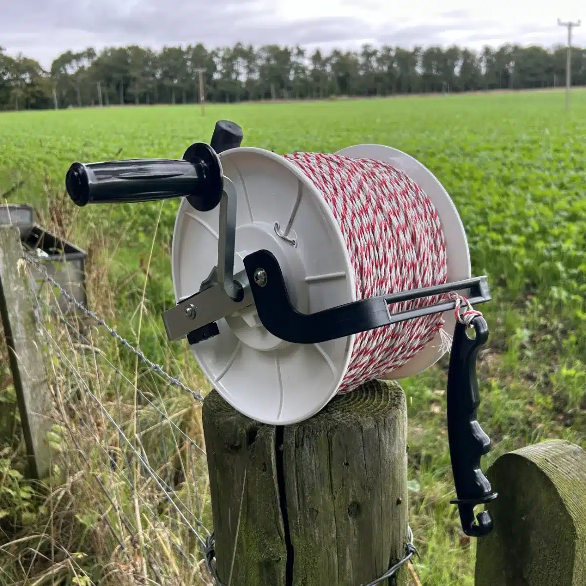 Hotline 3:1 geared electric fence reels loaded with twine