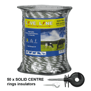 Bundle deal of 200m green & white electric fencing rope and ring insulators