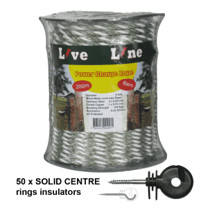 Green & white electric fence rope with turbo tinned copper and ring insulators