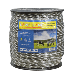 Green & white electric fencing rope for horses contains 6 stainlesss steel conductors.