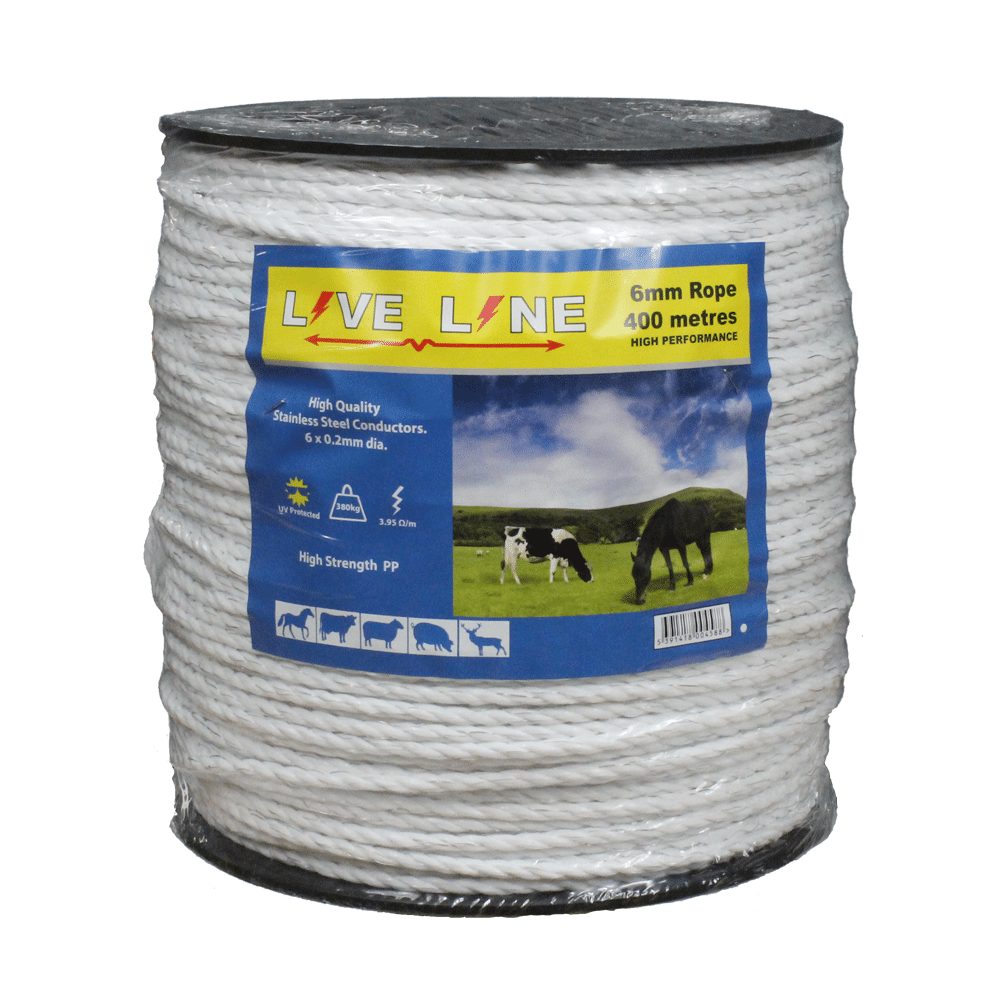 White Liveline electric fence rope for horses. Comes in 200m & 400m lengths