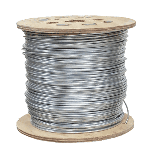 electric fence steel wire on a wooden spool. Galvanised and mils steel for permanent farm fences.