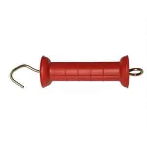 A heavy duty red gate handle for electric fence gateways